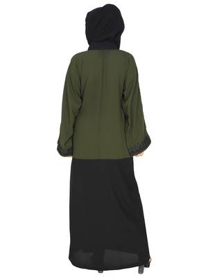 Olive Flared Abaya With Contrast Color Blocking And Lace Work 4