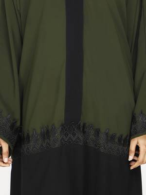 Olive Flared Abaya With Contrast Color Blocking And Lace Work 5