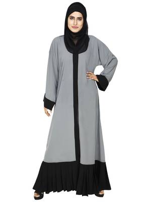 Grey Front Open Abaya With Contrast Pleated Bottom 1