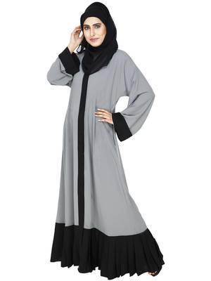 Grey Front Open Abaya With Contrast Pleated Bottom 2