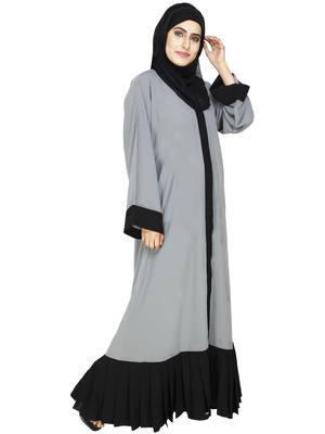 Grey Front Open Abaya With Contrast Pleated Bottom 3