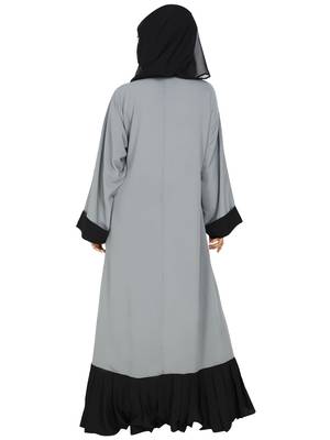 Grey Front Open Abaya With Contrast Pleated Bottom 4