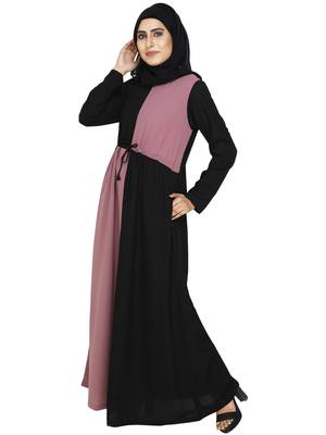 Color Blocked Dull Pink Color Abaya With Adjustable Waist Burkhas For Women 2