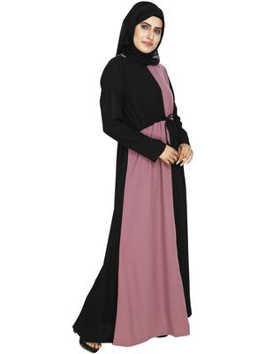 Color Blocked Dull Pink Color Abaya With Adjustable Waist Burkhas For Women 3
