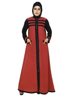 Rust Red Color Front Open/Zip Closure Abaya With Striper And Contrast Cross Pocket 1