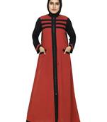 Rust Red Color Front Open/Zip Closure Abaya With Striper And Contrast Cross Pocket