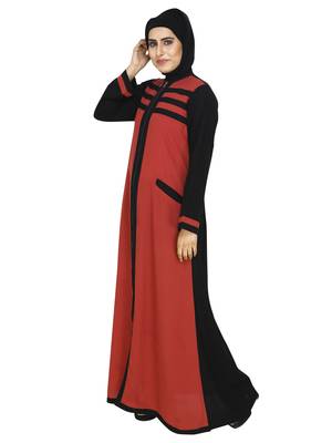 Rust Red Color Front Open/Zip Closure Abaya With Striper And Contrast Cross Pocket 2