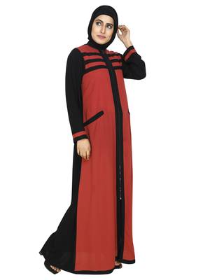 Rust Red Color Front Open/Zip Closure Abaya With Striper And Contrast Cross Pocket 3