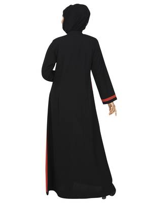 Rust Red Color Front Open/Zip Closure Abaya With Striper And Contrast Cross Pocket 4