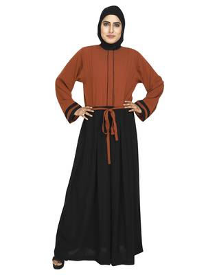 Rust Red Color Blocked Abaya With Attached Waist Band 1