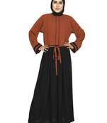 Rust Red Color Blocked Abaya With Attached Waist Band