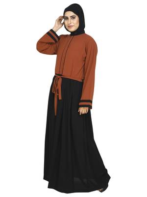 Rust Red Color Blocked Abaya With Attached Waist Band 2