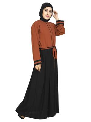 Rust Red Color Blocked Abaya With Attached Waist Band 3