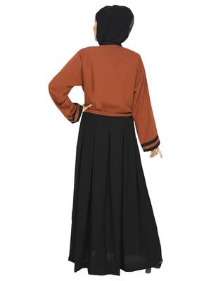 Rust Red Color Blocked Abaya With Attached Waist Band 4