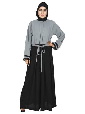 Grey Color Blocked Abaya With Attached Waist Band 1