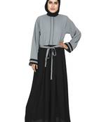 Grey Color Blocked Abaya With Attached Waist Band