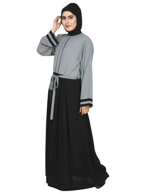 Grey Color Blocked Abaya With Attached Waist Band 2
