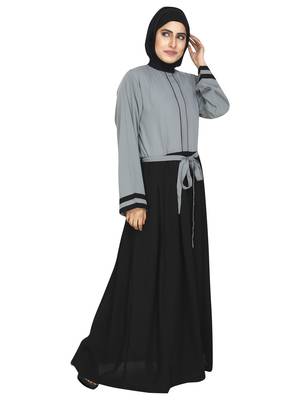 Grey Color Blocked Abaya With Attached Waist Band 3