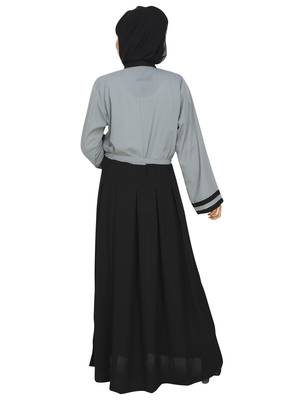 Grey Color Blocked Abaya With Attached Waist Band 4
