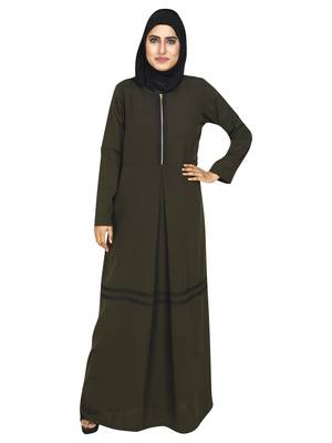 Olive Abaya Featuring A Metal Zipper Opening  Defined Box Pleates And Beautiful Lace Detail 1