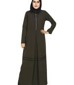 Olive Abaya Featuring A Metal Zipper Opening  Defined Box Pleates And Beautiful Lace Detail