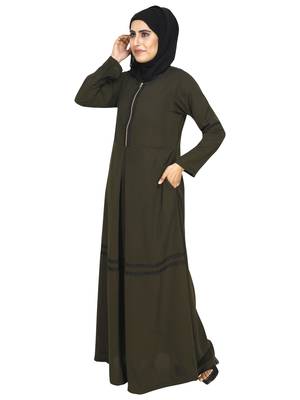 Olive Abaya Featuring A Metal Zipper Opening  Defined Box Pleates And Beautiful Lace Detail 2
