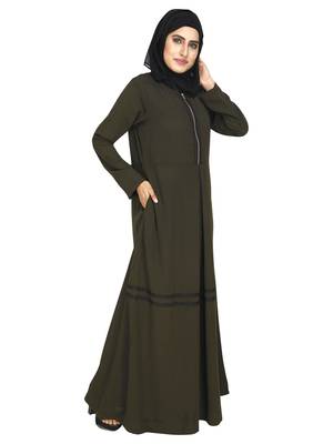 Olive Abaya Featuring A Metal Zipper Opening  Defined Box Pleates And Beautiful Lace Detail 3