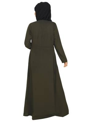 Olive Abaya Featuring A Metal Zipper Opening  Defined Box Pleates And Beautiful Lace Detail 4