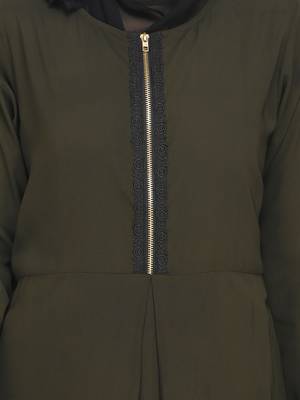 Olive Abaya Featuring A Metal Zipper Opening  Defined Box Pleates And Beautiful Lace Detail 5