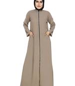 Khaki Front Open Abaya With Contrast Zip Closure  Cross Pocket