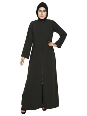 Olive Front Open Abaya With Contrast Zip Closure  Cross Pocket 1