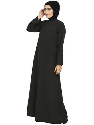 Olive Front Open Abaya With Contrast Zip Closure  Cross Pocket 2