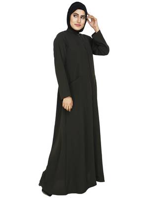Olive Front Open Abaya With Contrast Zip Closure  Cross Pocket 3
