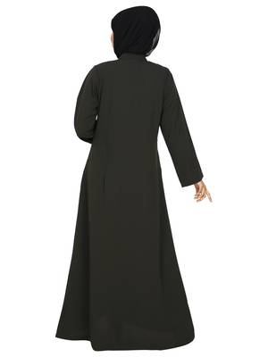 Olive Front Open Abaya With Contrast Zip Closure  Cross Pocket 4