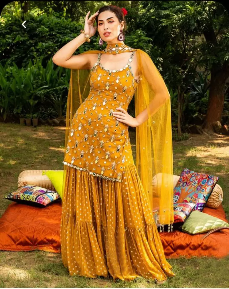 Mustard Yellow Embroidered with Mirror work georgette wedding haldi sangeet function Sharara Suit