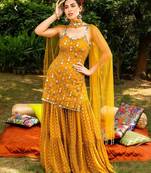 Mustard Yellow Embroidered with Mirror work georgette wedding haldi sangeet function Sharara Suit
