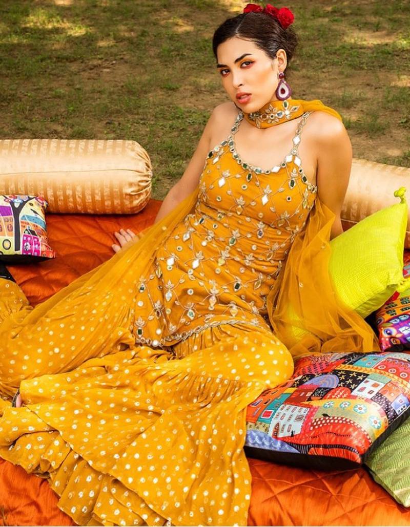 Mustard Yellow Embroidered with Mirror work georgette wedding haldi sangeet function Sharara Suit