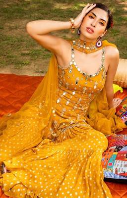 Mustard Yellow Embroidered with Mirror work georgette wedding haldi sangeet function Sharara Suit 3