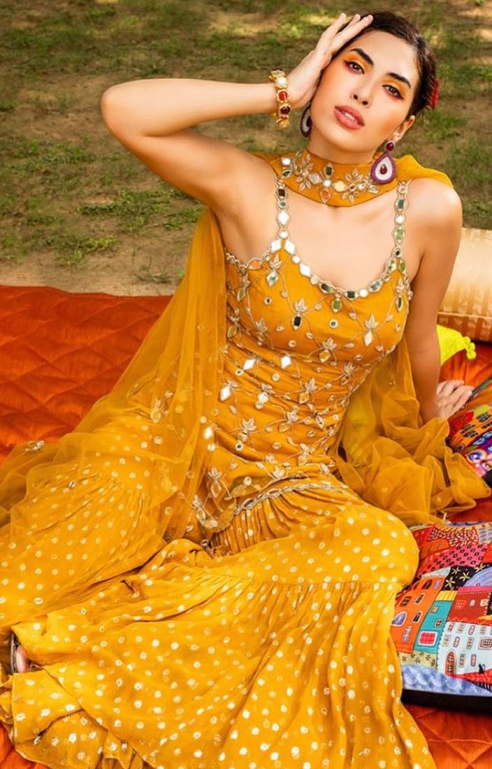 Mustard Yellow Embroidered with Mirror work georgette wedding haldi sangeet function Sharara Suit