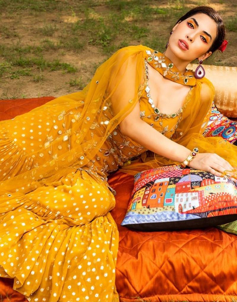 Mustard Yellow Embroidered with Mirror work georgette wedding haldi sangeet function Sharara Suit