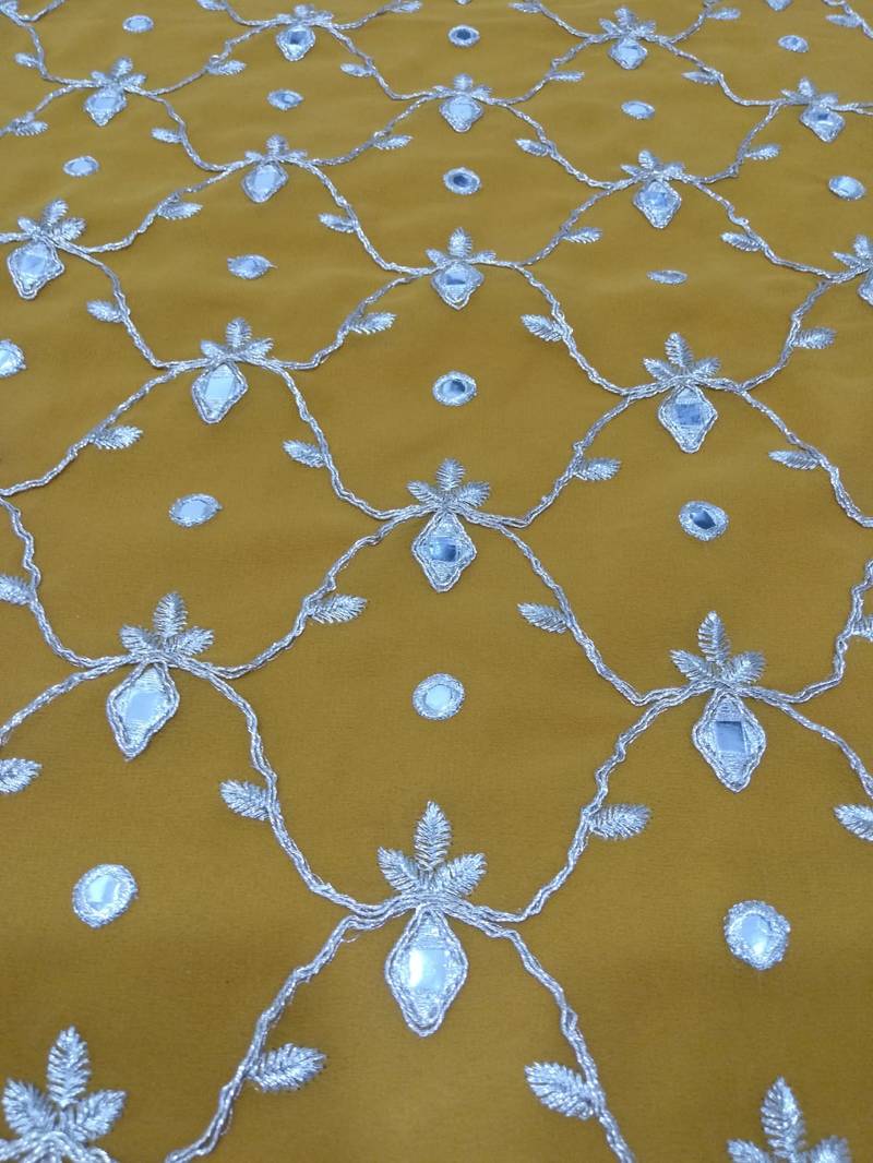 Mustard Yellow Embroidered with Mirror work georgette wedding haldi sangeet function Sharara Suit