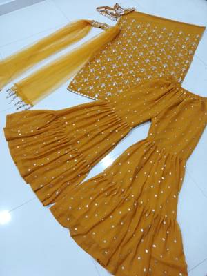 Mustard Yellow Embroidered with Mirror work georgette wedding haldi sangeet function Sharara Suit 8