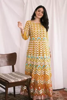 Eye-Catching Lemon Yellow Color Foil Mirror Base Length Ceremonial Palazzo Suit