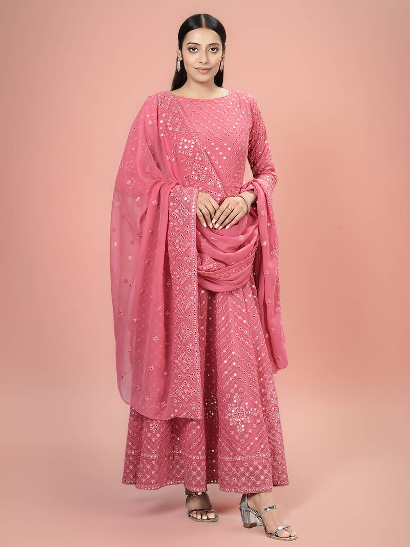 Fantastic Coral Pink Color Georgette Base Festive Wear Designer Anarkali Suit