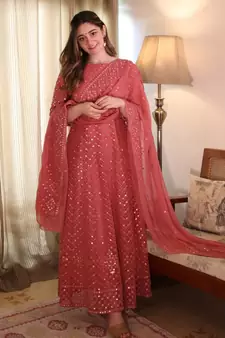 Fantastic Coral Pink Color Georgette Base Festive Wear Designer Anarkali Suit
