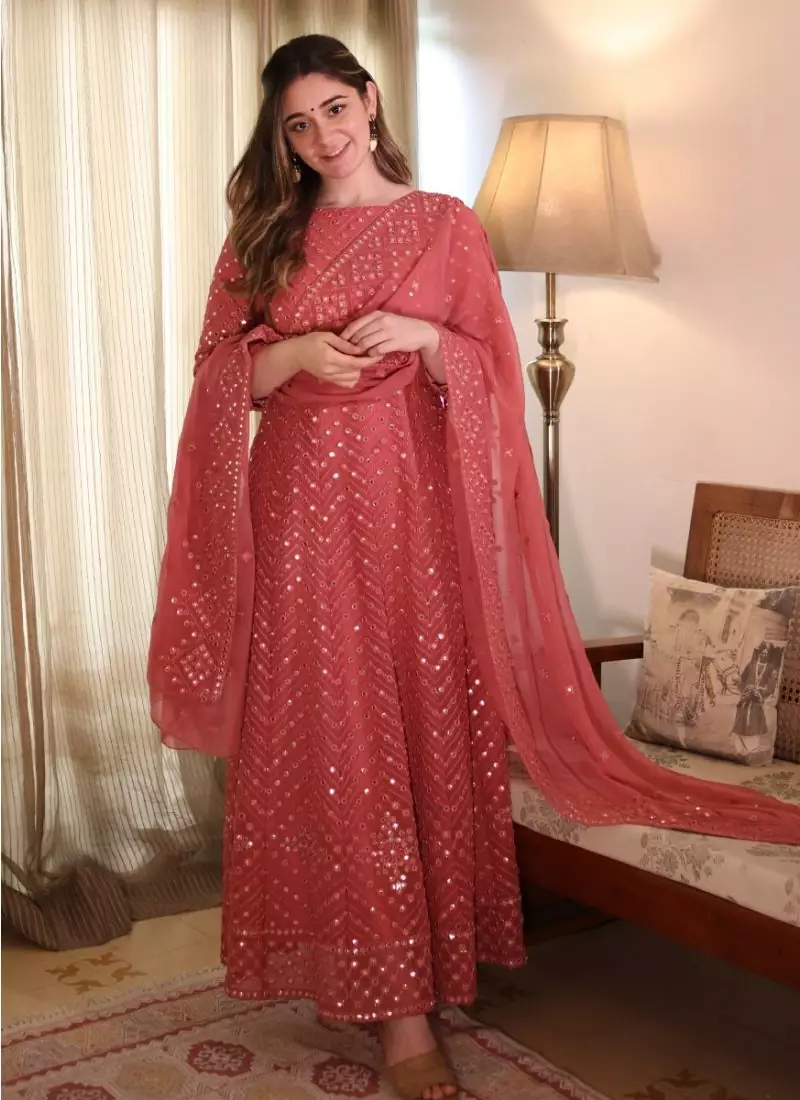 Fantastic Coral Pink Color Georgette Base Festive Wear Designer Anarkali Suit