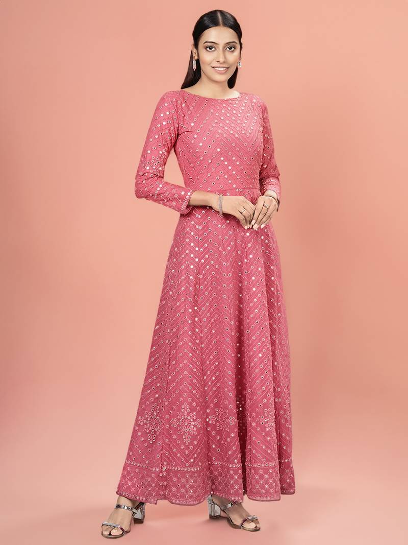 Fantastic Coral Pink Color Georgette Base Festive Wear Designer Anarkali Suit
