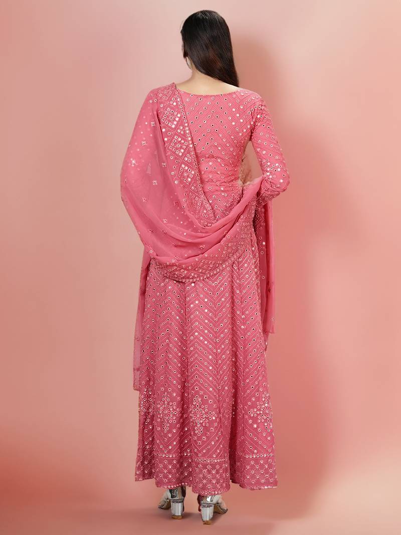 Fantastic Coral Pink Color Georgette Base Festive Wear Designer Anarkali Suit