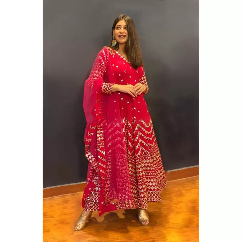 Splendid Dark Pink Color Georgette Base Foil Mirror Work Salwar Suit