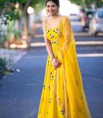 Yellow Color Georgette Fabric Thread And Zari Work Sleeveless Gown